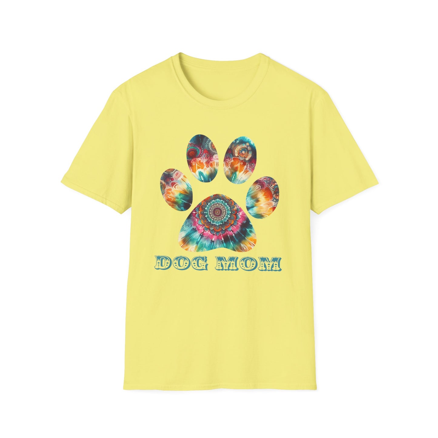 Tye Dyed Paw Print Dog Mom Unisex Softstyle T-Shirt, Dog Mom Tee Shirt, Gifts For Dog Lovers, Fur Moms, BoHo Style Animal Shirt