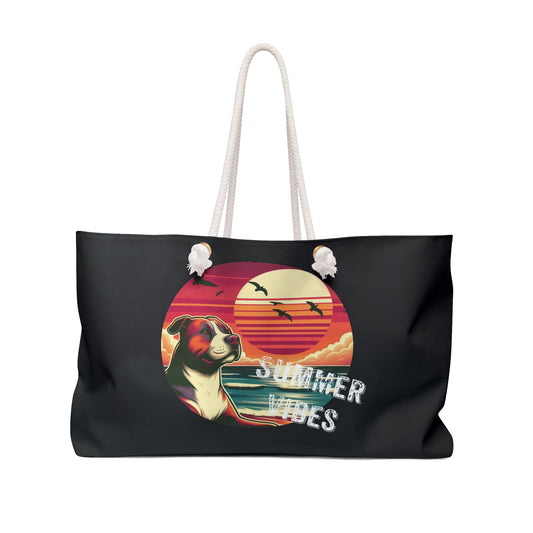 Pit Bull Summer Vibes Large Weekender Bag Retro, Pit bull Mom Beach Bag, Gifts For Pit Bull Lovers, Pittie Mom