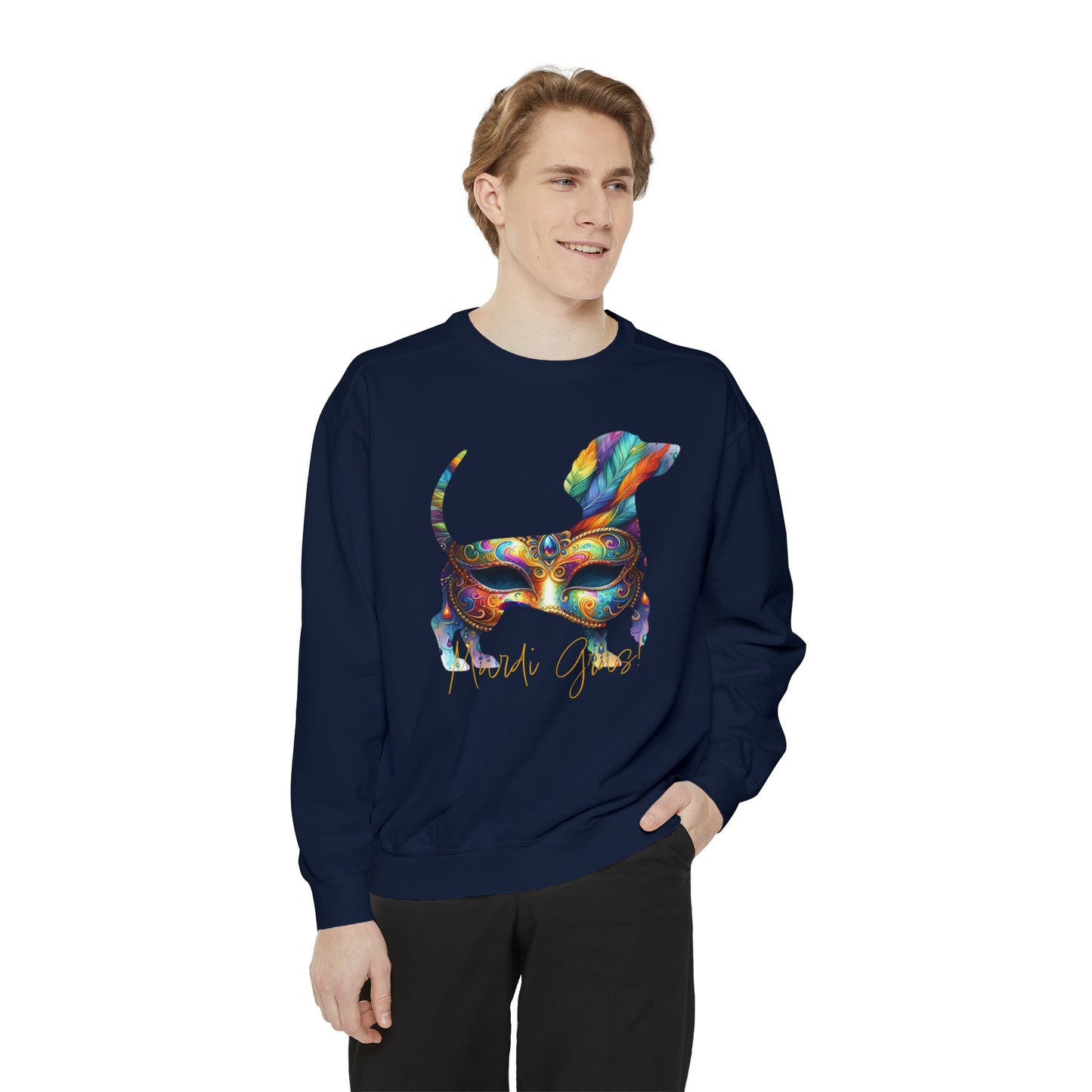 Mardi Gras Dachshund, Doxie Mardi Gras Unisex Garment-Dyed Sweatshirt