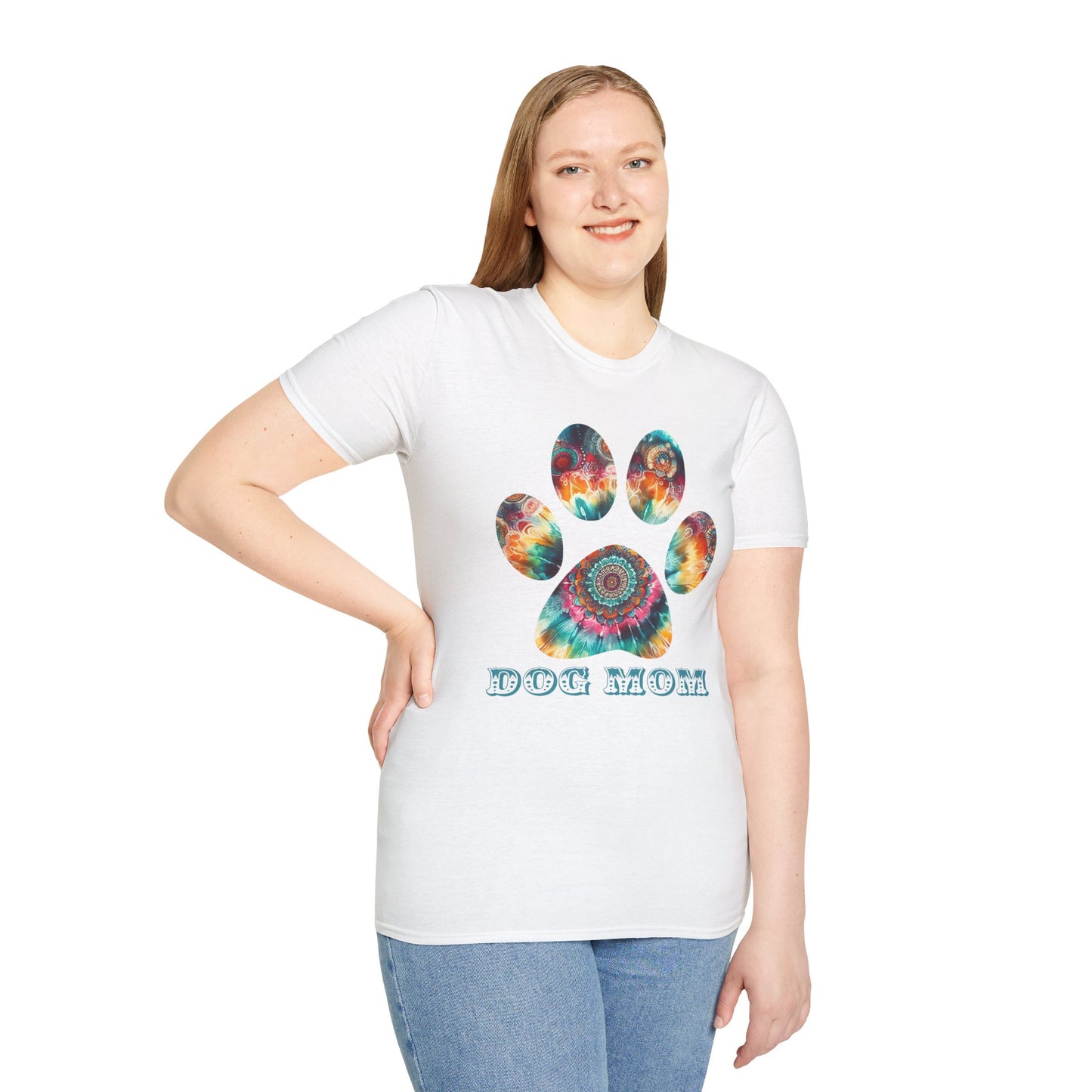 Tye Dyed Paw Print Dog Mom Unisex Softstyle T-Shirt, Dog Mom Tee Shirt, Gifts For Dog Lovers, Fur Moms, BoHo Style Animal Shirt