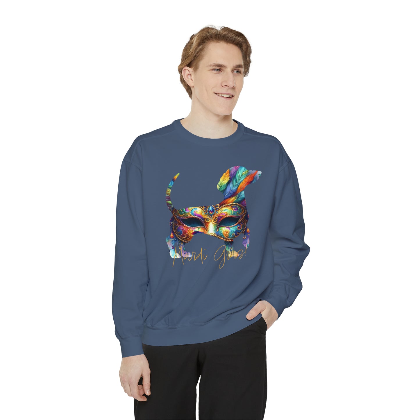 Mardi Gras Dachshund, Doxie Mardi Gras Unisex Garment-Dyed Sweatshirt