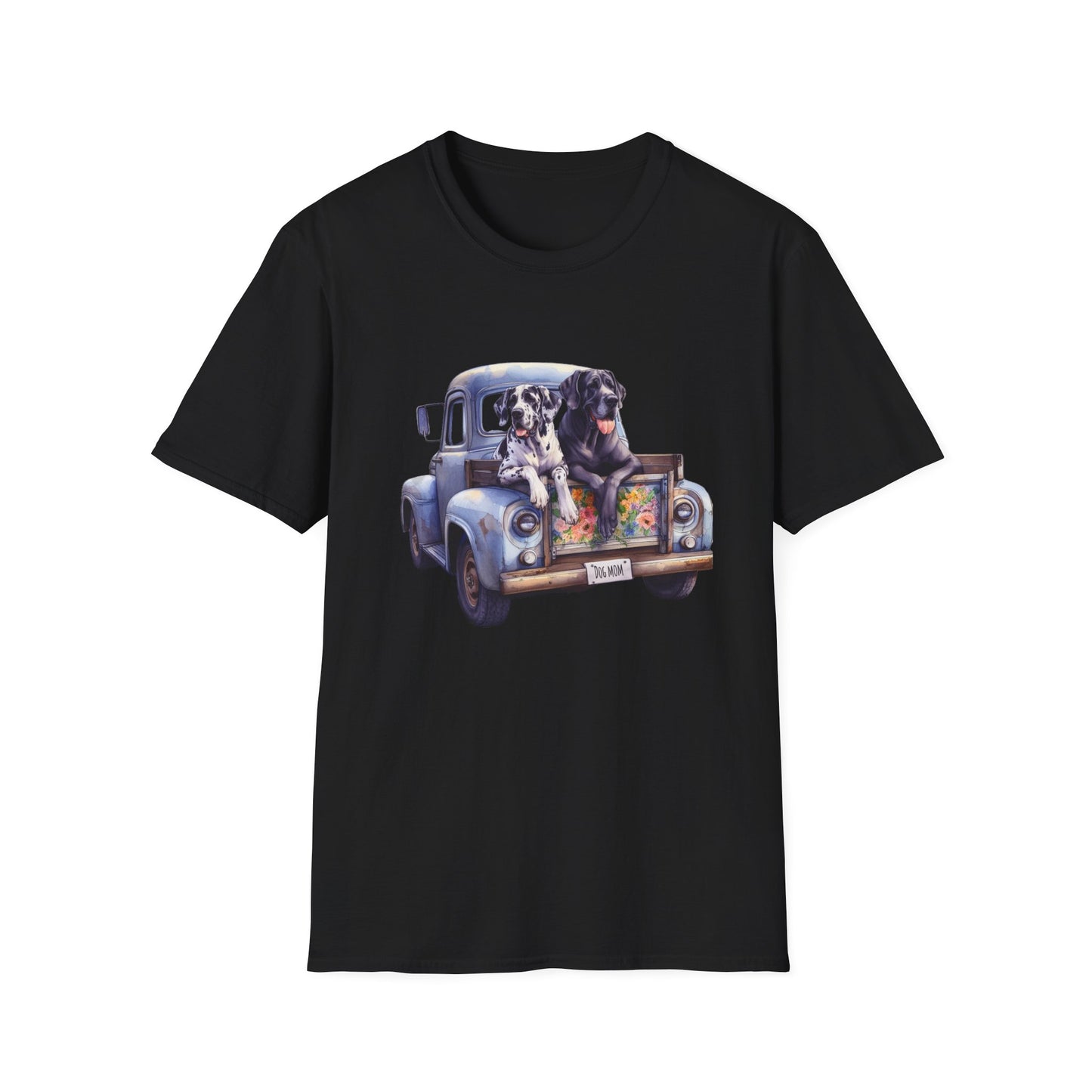 Great Dane Vintage Pickup Truck Graphic, Dog Mom License Plate, Unisex Softstyle T-Shirt