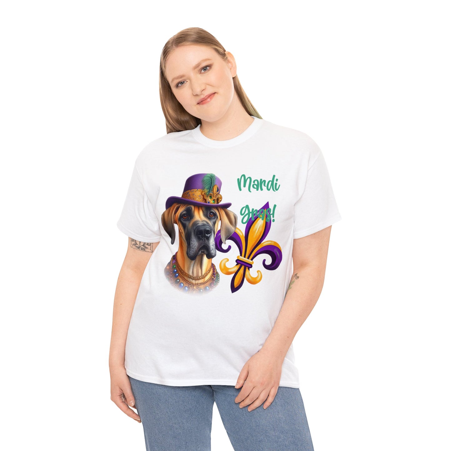 Mardi Gras Fawn Great Dane Unisex Heavy Cotton Tee