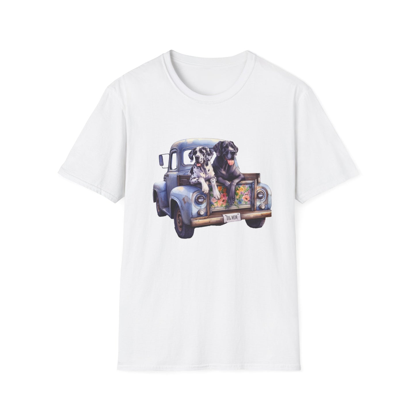 Great Dane Vintage Pickup Truck Graphic, Dog Mom License Plate, Unisex Softstyle T-Shirt