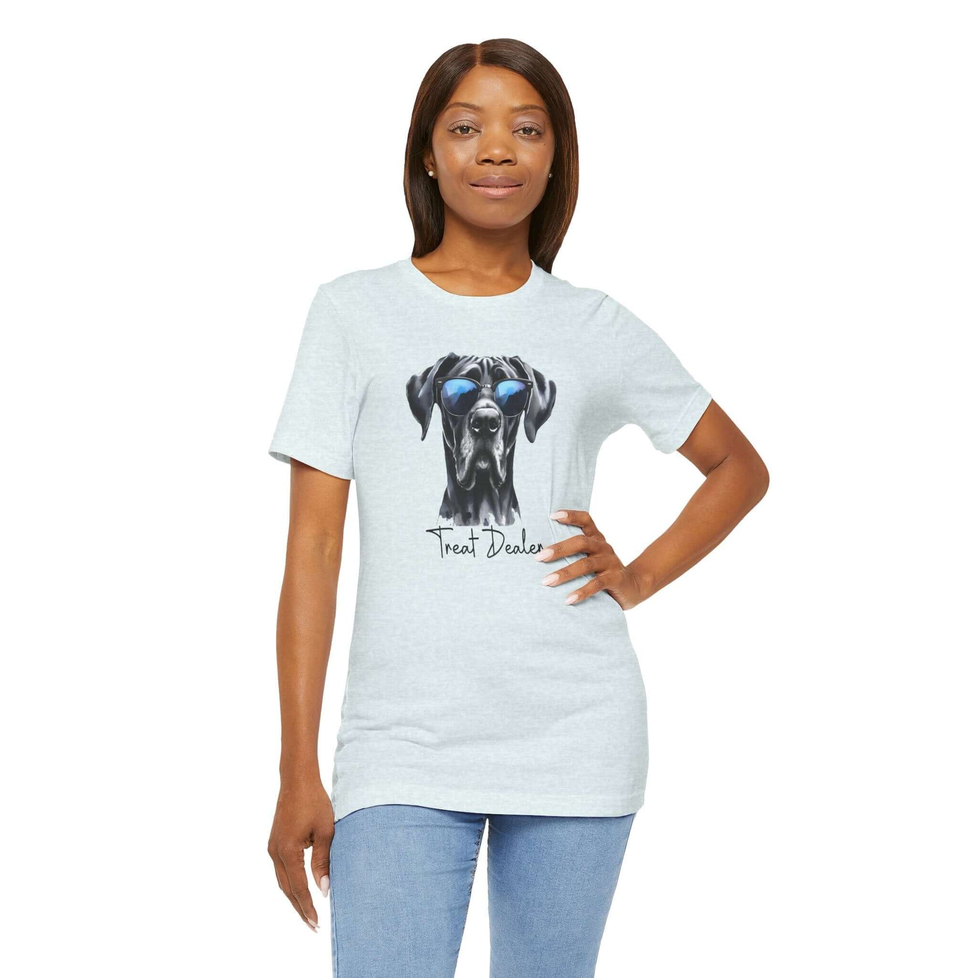 Treat Dealer Dane TeeThis classic unisex jersey short sleeve tee fits like a well-loved favorite. Soft cotton and quality print make users fall in love with it over and over again. These t-shirts have-ribbed knit collars to bolster shaping. The shoulders