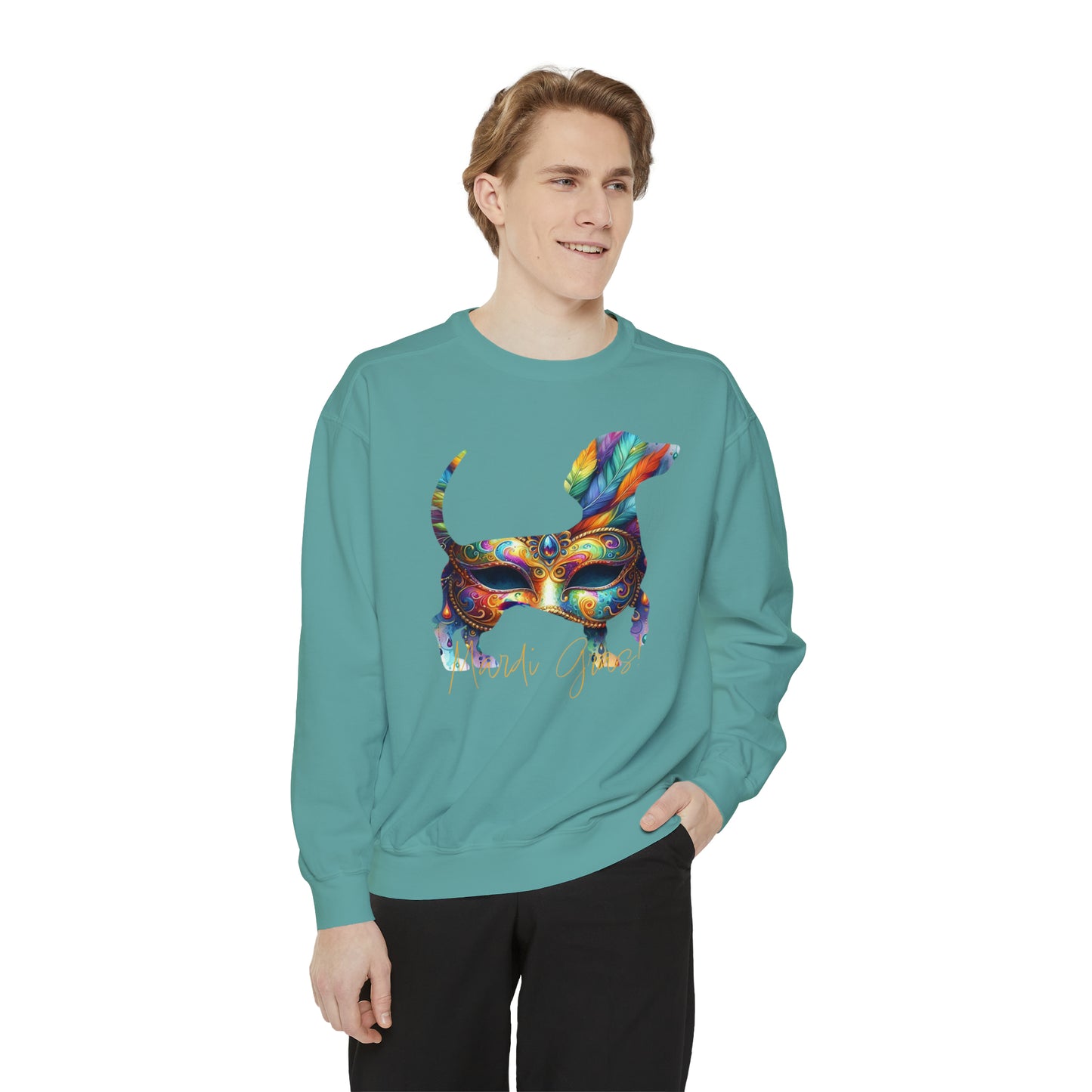 Mardi Gras Dachshund, Doxie Mardi Gras Unisex Garment-Dyed Sweatshirt