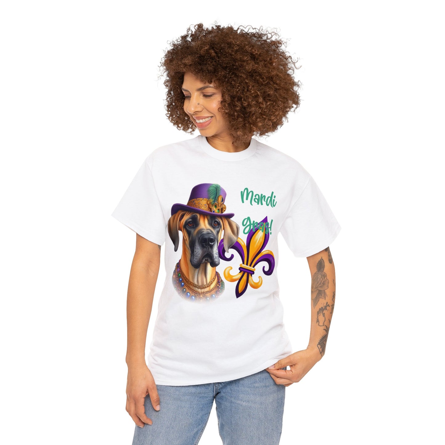 Mardi Gras Fawn Great Dane Unisex Heavy Cotton Tee