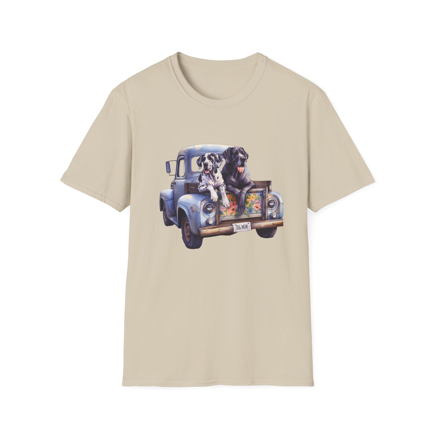 Great Dane Vintage Pickup Truck Graphic, Dog Mom License Plate, Unisex Softstyle T-Shirt