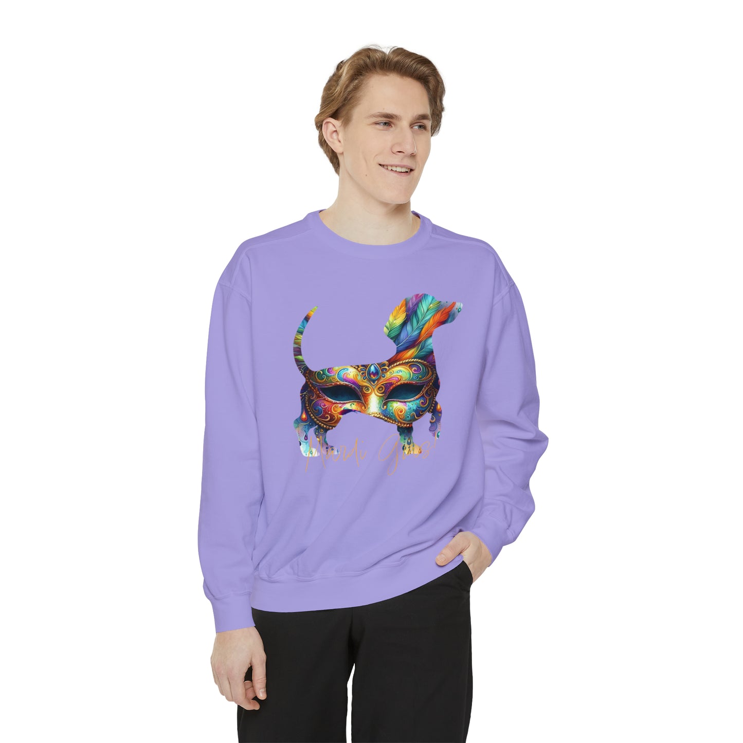 Mardi Gras Dachshund, Doxie Mardi Gras Unisex Garment-Dyed Sweatshirt