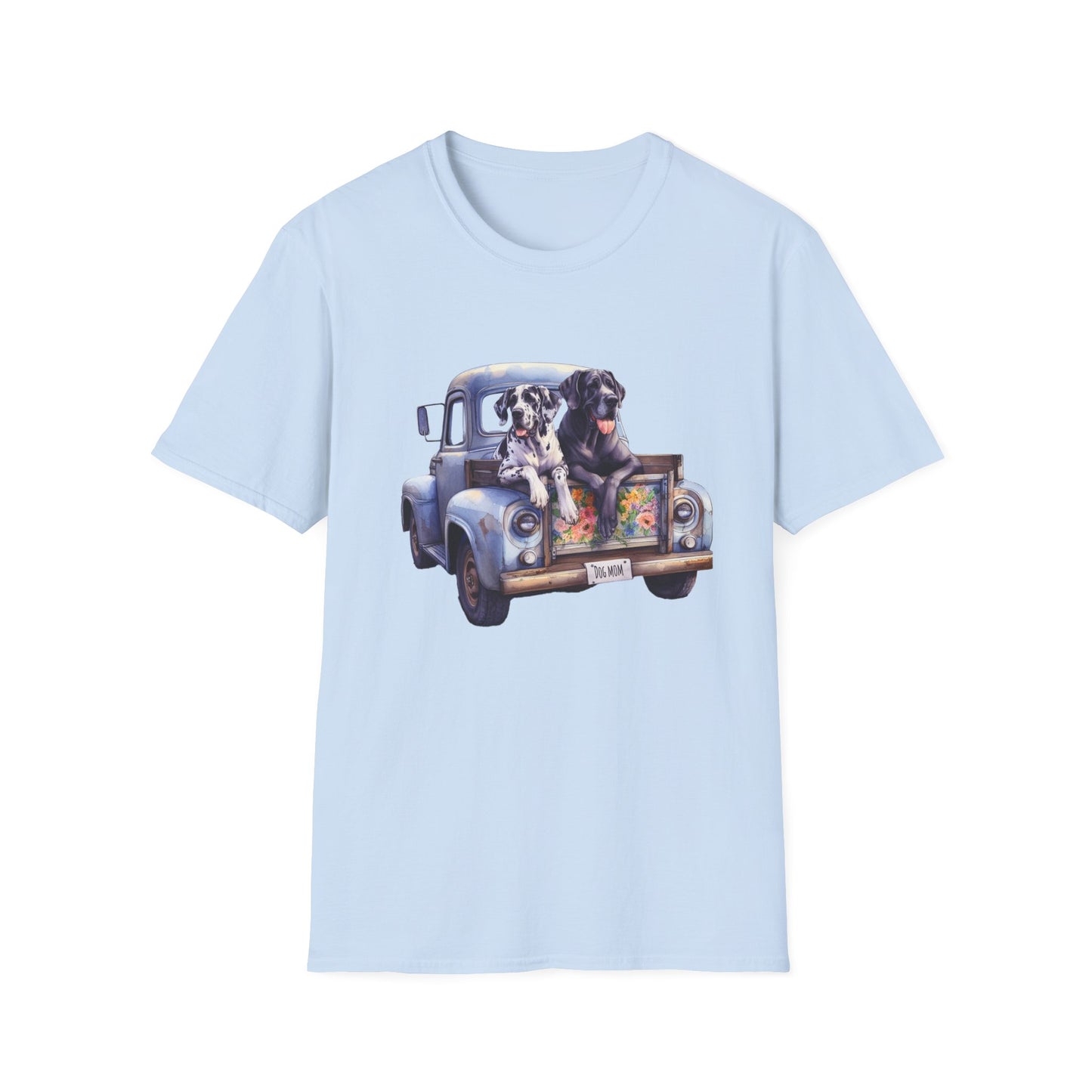 Great Dane Vintage Pickup Truck Graphic, Dog Mom License Plate, Unisex Softstyle T-Shirt