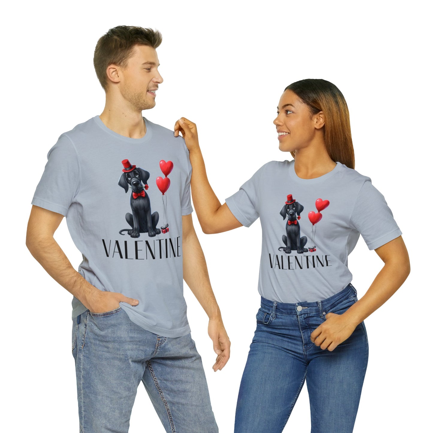 Black Great Dane Valentine Unisex Jersey Tee, Puppy Love Tee Shirt, Valentines Gift for Dog Lovers, Cupid Shirt, Dog Mom, Dog Dad