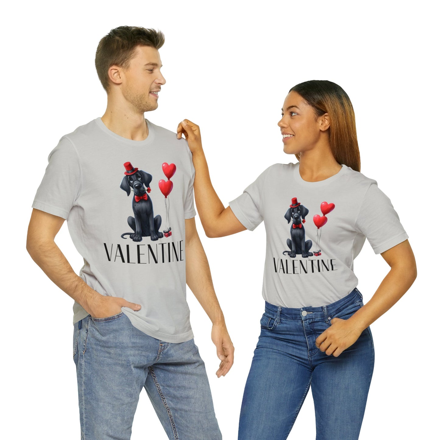 Black Great Dane Valentine Unisex Jersey Tee, Puppy Love Tee Shirt, Valentines Gift for Dog Lovers, Cupid Shirt, Dog Mom, Dog Dad