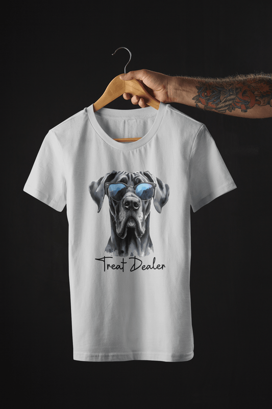 Treat Dealer Dane TeeThis classic unisex jersey short sleeve tee fits like a well-loved favorite. Soft cotton and quality print make users fall in love with it over and over again. These t-shirts have-ribbed knit collars to bolster shaping. The shoulders